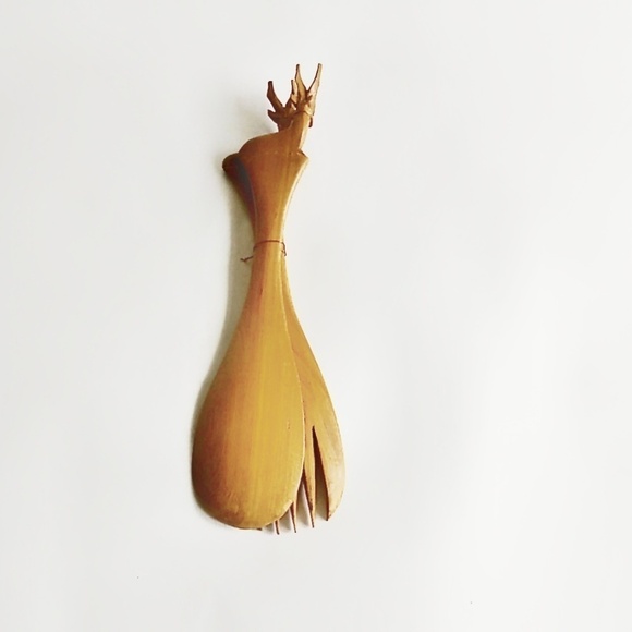 VINTAGE Wooden Carved Brown Elk Salad Fork Spoon Utensils Kenya - Picture 8 of 10